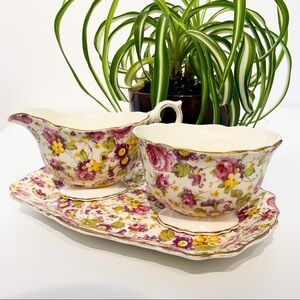 ANTIQUE James Kent Ltd. Longton Rapture Bone China Sugar & Creamer Floral Set
